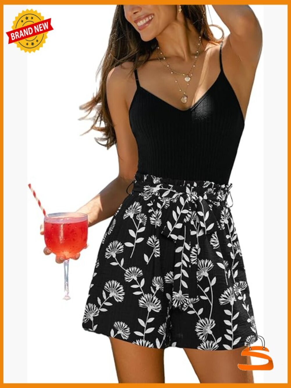 Romper Floral Ribbed Knit Cami Top Waist Short Tie Belt Summer Beach